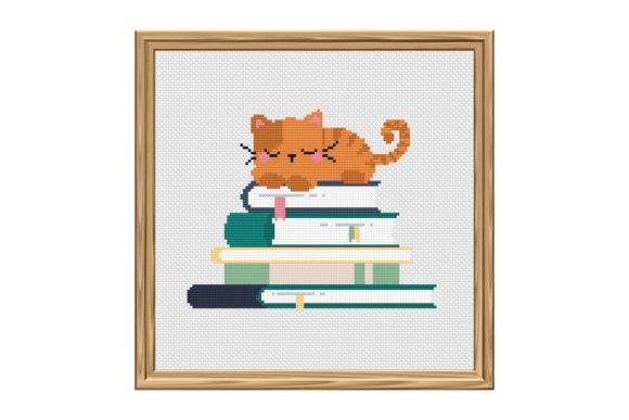 Cat Sleeping on a Stack of Books Cross Stitch