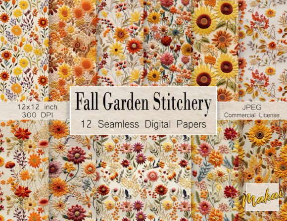 Charming Embroidery Fall Flowers Seamless Pattern
